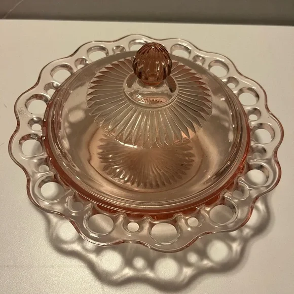 Vintage Pink Glass Dish Depression Glass Ribbed Lid w/Lace
